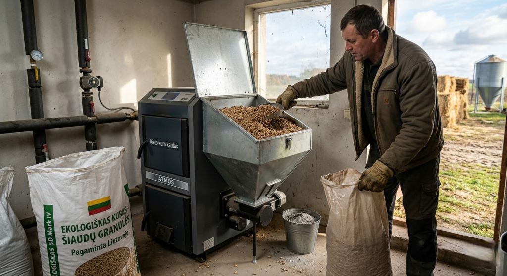 šiaudų granulės, biokuras, šildymas granulėmis, ekologiškas kuras, kieto kuro katilai, žemės ūkio atliekos, granulių gamyba, pigus šildymas, atsinaujinanti energetika, pelenų panaudojimas