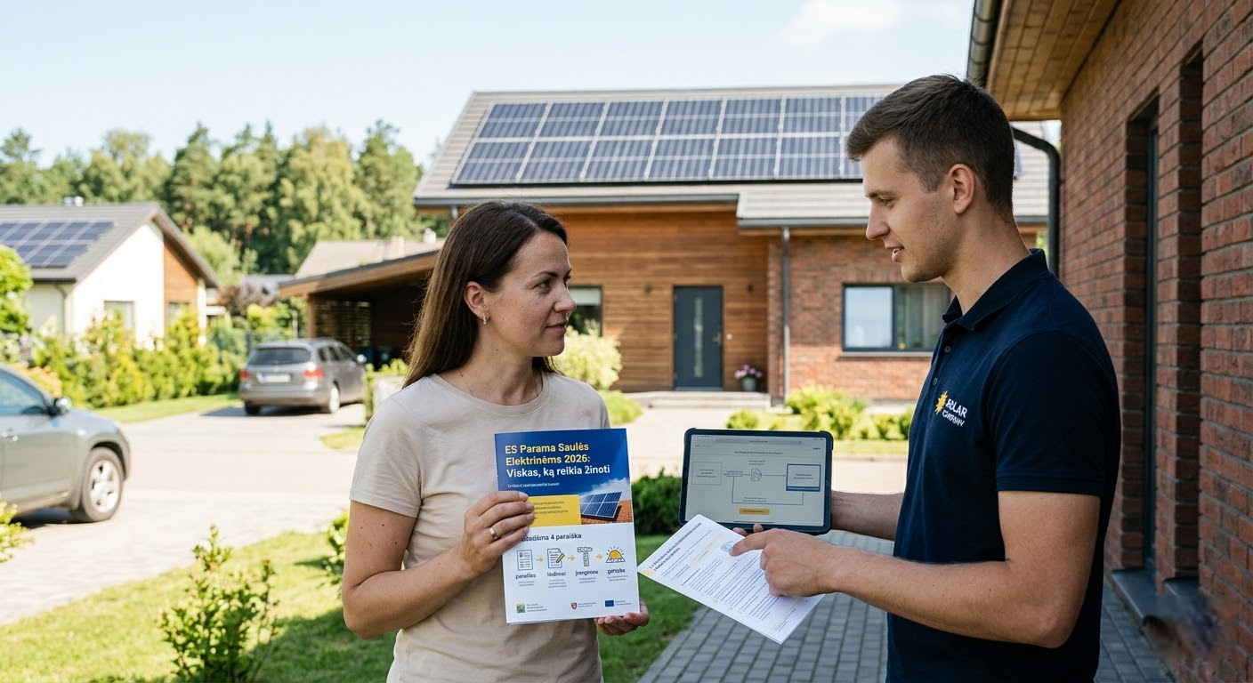 Kaip gauti paramą saulės elektrinei 2026 metais: Išsamus gidas nuo paraiškos iki elektros gamybos